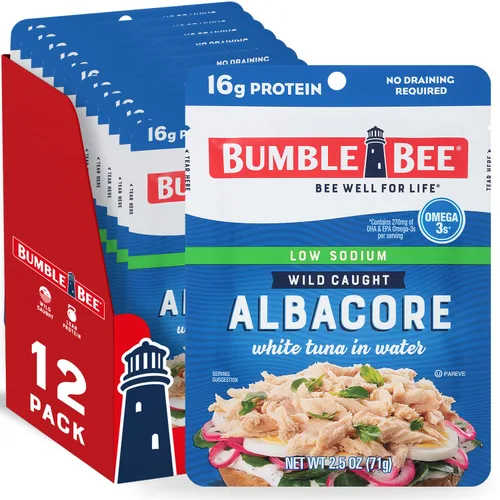Miniatura 20 de Bumble Bee - Atún blanco de aleta Albacore en agua en sobres de 71 g - Paquete de atún capturado de forma salvaje listo para comer - 16 g