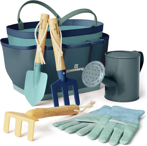Kinderific Juego de herramientas de jardinería, para niños, STEM, incluye bolsa de mano, pala, regadera, rastrillo, tenedor, paleta y guantes (azul