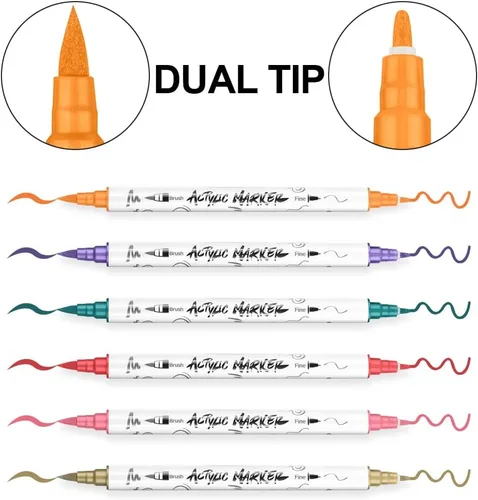 Miniatura 4 de TRANSON Juego de rotuladores de pintura acrílica de doble punta fina y brocha de 12 colores para lienzo, roca, madera, cuero, cerámica, pintura DIY