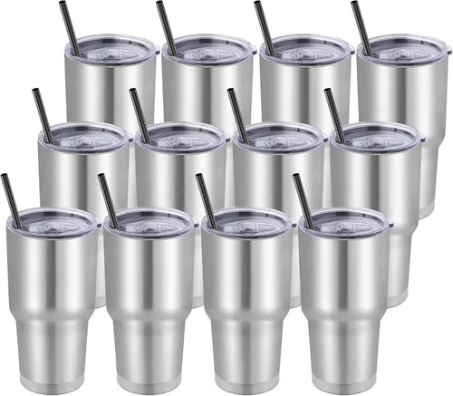 Miniatura 30 de DOMICARE Vaso de 30 oz con tapa y pajita, vasos de acero inoxidable a granel, aislado al vacío de doble pared para café, vaso duradero