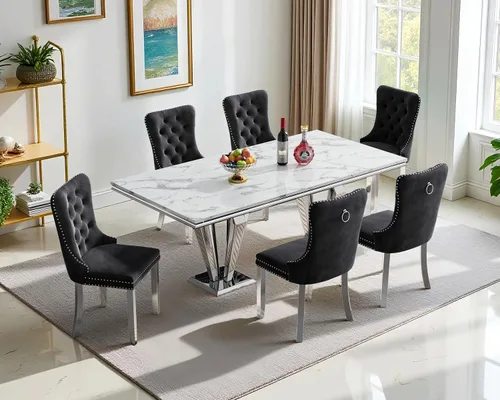 Miniatura 31 de Henf Juego de mesa de comedor de mármol sintético de 68 pulgadas para 6, juego de mesa de comedor de 7 piezas con 6 sillas copetudas de terciopelo