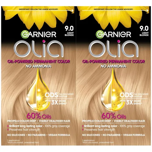 Garnier Color de Cabello Olia Tinte permanente para el cabello sin amoníaco, color brillante, rico en aceite, rubio claro 9.0, 2 unidades (el 9.0