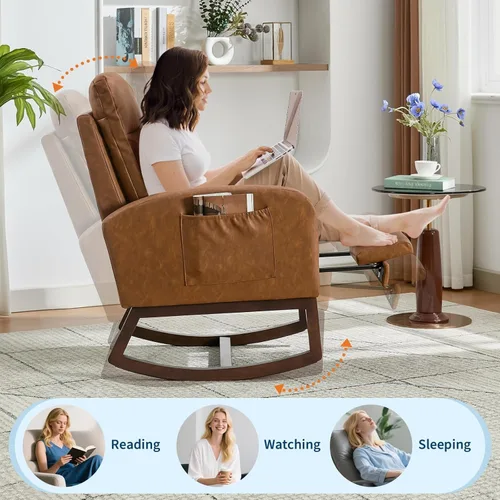 Miniatura 3 de Mecedora para guardería de mamá, mecedoras de poliuretano con reposapiés, respaldo alto y patas de madera y bolsillo lateral para sala de estar