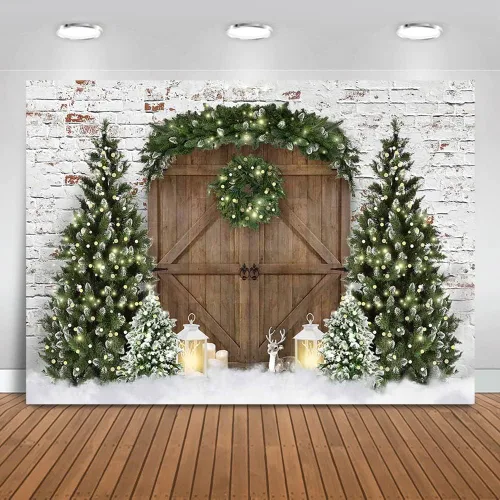 Mocsicka Telón de fondo de fotografía de casa de madera de Navidad, árbol de Navidad, corona de nieve, fondo fotográfico, puerta de granero rústica,