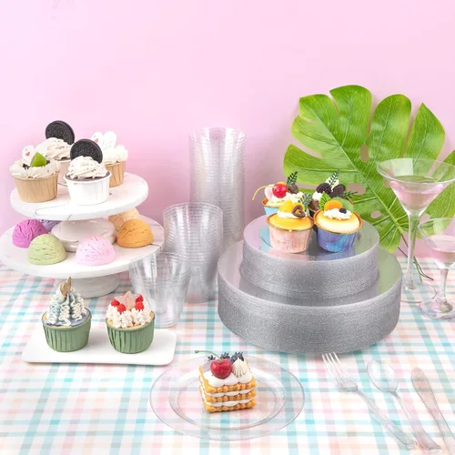 Miniatura 3 de DaYammi Juego de vajilla de 350 piezas con purpurina plateada, 50 invitados para fiesta, 50 platos llanos, 50 platos de postre, 50 servilletas