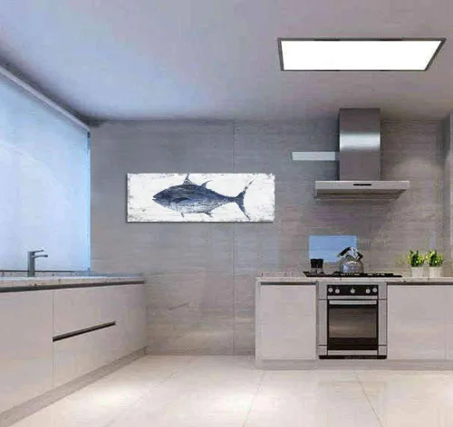 Miniatura 3 de Yihui Arts Lienzo de pared pintado a mano, pintura abstracta de atún, obra de arte moderna, imágenes costeras en color azul y blanco para decoración