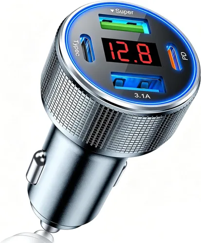 Miniatura 9 de Cargador de coche USB C de carga rápida, 4 puertos 78 W cargador de teléfono de coche de metal con voltímetro, 2 USB-C y 2 USB-A 12 V-24 V cargador