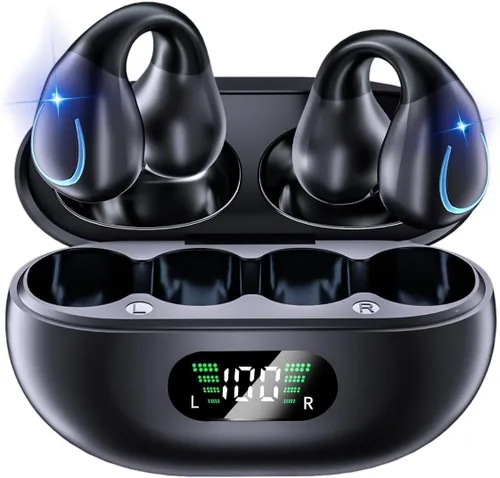Auriculares de Conducción Ósea de Oído Abierto Bluetooth 5.3 Auriculares Inalámbricos Clip-On con Pantalla Digital Estuche de Carga 60 Horas de