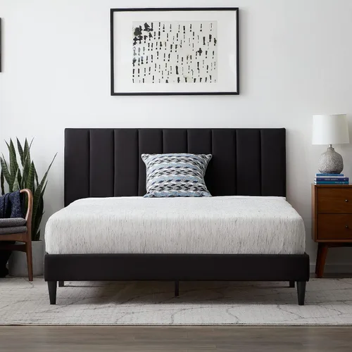 Lucid - Cama de plataforma tapizada con un cabecero tapizado, de madera resistente, no requiere somier Negro