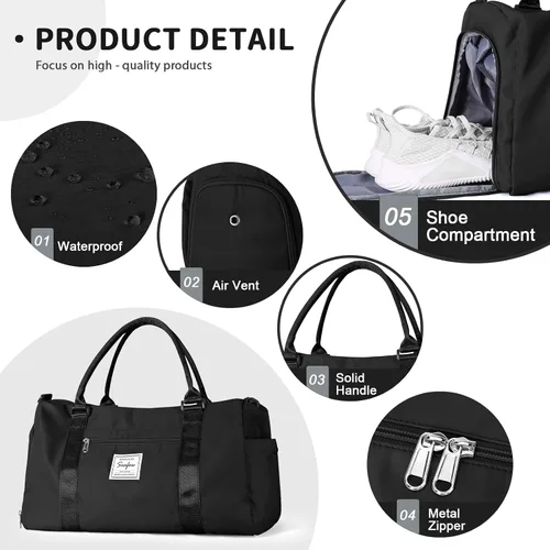 Miniatura 7 de Bolsa de gimnasio para mujeres y hombres, bolsa de viaje deportiva con compartimento para zapatos y bolsillo húmedo, A-Negro