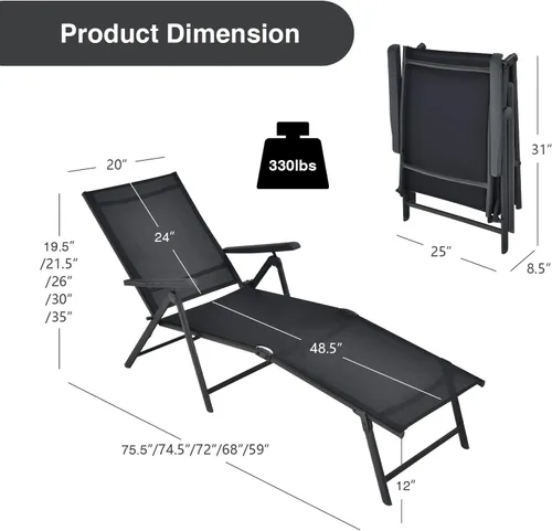 Miniatura 3 de Giantex Sillón de patio plegable, tumbona para tomar el sol al aire libre con respaldo de 5 posiciones, reposapiés de 2 posiciones, marco de acero