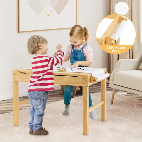 Miniatura 2 de HONEY JOY Mesa para niños, mesa de actividades de madera 2 en 1 con rollo de papel, mesa de bloques de construcción convertible, 3 compartimentos