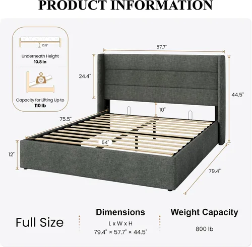 Miniatura 2 de SHA CERLIN Cama de Almacenamiento Elevable de Tamaño Completo/Cabecera Moderna Tipo Wingback/Marco de Cama Plataforma Tapizada/Almacenamiento Gris