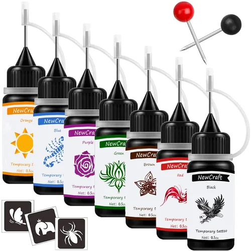 Tinta de tatuaje temporal y plantillas para adultos, adolescentes y niños, kit de tatuaje temporal agradable a la piel, negro, rojo, marrón, verde,