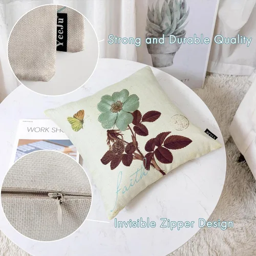 Miniatura 2 de YeeJu - Funda de cojín cuadrada de lino y algodón con diseño geométrica. Funda de almohada, para exterior, hogar, sofá., A-floral 09, 18*18 pulgadas