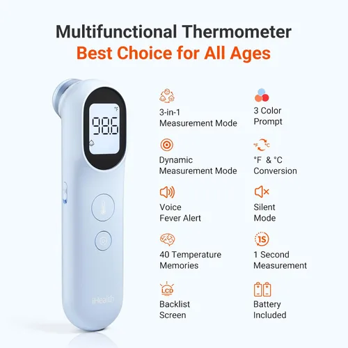 Miniatura 2 de iHealth Termómetro digital infrarrojo para adultos y niños, termómetro para bebés con modo 3 en 1 y aviso de 3 colores, alarma de fiebre y modo Azul