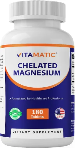 Vitamatic Magnesio quelatado de 300 mg (por 1 tableta) – 180 tabletas – como quelato de aminoácidos y óxido – Apoya la salud muscular, nerviosa y