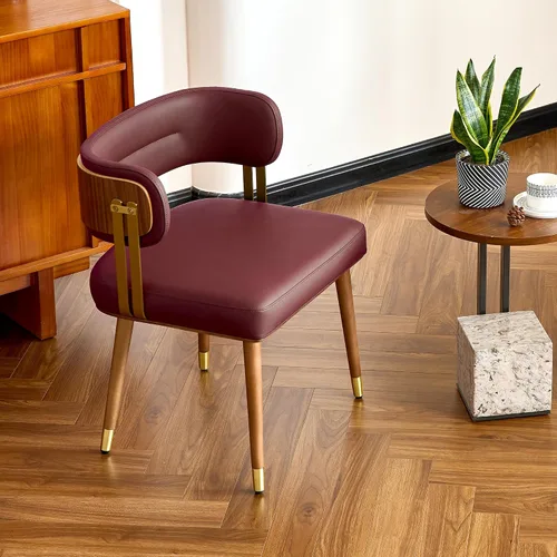 Miniatura 2 de ARTPLAN Silla de comedor de cuero de nogal, moderna silla de cocina tapizada con cojín de espuma de alta resistencia, marco dorado de acero Cereza
