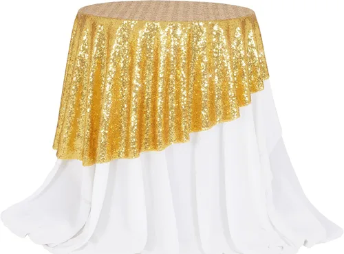 Miniatura 121 de PartyDelight Mantel de lentejuelas redondo de 50 pulgadas, color dorado claro, adorno de mesa para decoración de bodas, fiestas, cumpleaños