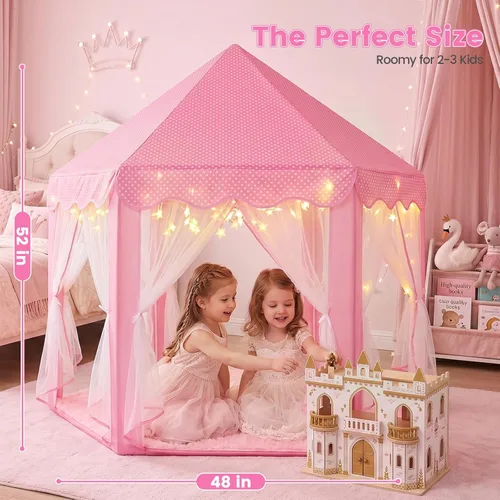 Miniatura 2 de Tienda de campaña de princesa para niñas en interior: con alfombra, luces de estrella, tienda de campaña rosa para niños, juguetes para niñas