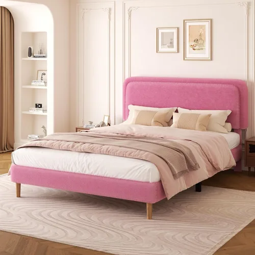 Miniatura 12 de Marco de cama tapizado Boucle de tamaño matrimonial con cabecera ajustable, cama de nube suave, no necesita somier, fácil montaje, sin ruido