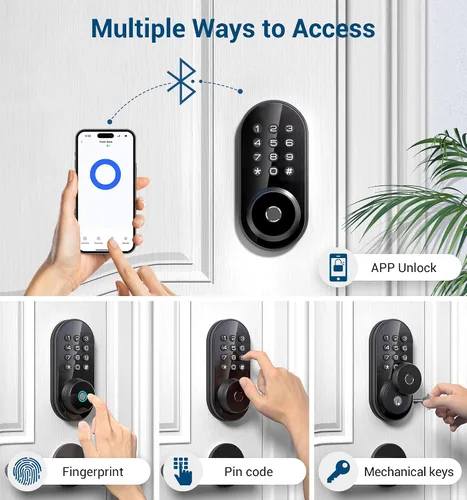 Miniatura 2 de TEEHO TE342 Cerradura inteligente de puerta de entrada sin llave con teclado, control remoto de aplicación Bluetooth, cerrojo electrónico para Negro