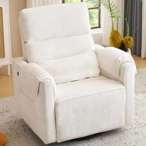 Miniatura 12 de Chenille Rocking Chair Nursery with Adjustable Headrest, 24" Extra Wide Swivel Rocker Recliner with Overstuffed Armrest, Oversized Power Rocker