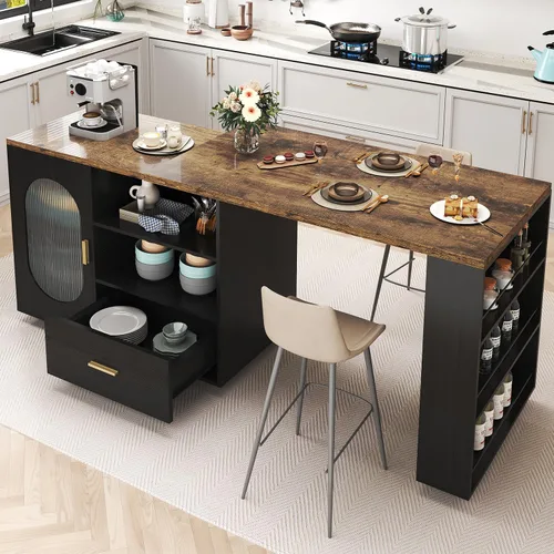 Miniatura 11 de HSH Isla de cocina rodante de 72 pulgadas con asiento, mesa giratoria de 360°, isla de cocina con gabinete de almacenamiento, cajón y estantes