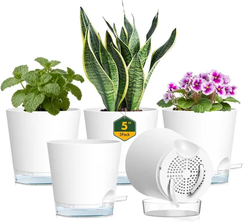 Miniatura 9 de Meowell Macetas de riego automático de 5 pulgadas para plantas de interior, paquete de 5 macetas pequeñas con agujeros de drenaje y depósito