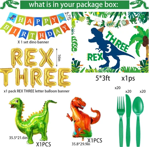 Miniatura 3 de Decoraciones de fiesta de cumpleaños de tres dinosaurios Rex, suministros de fiesta de cumpleaños de dinosaurios, arco de globos de dinosaurio