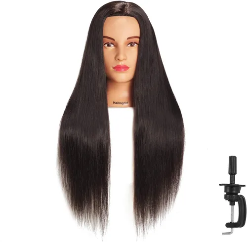 Hairingrid Cabeza de maniquí de 26 a 28 pulgadas, para entrenamiento de peinado, cosmetología, cabeza de muñeca, pelo de fibra sintética y soporte