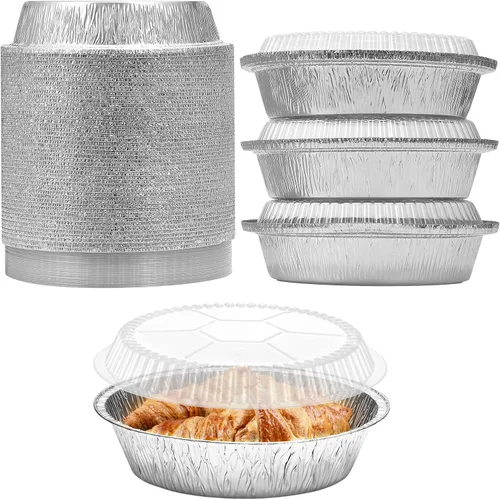 Miniatura 11 de Sartenes redondos de papel de aluminio de 7 pulgadas con tapas transparentes, paquete de 50 Apto para horno y congelador, diseño desechable, ideal