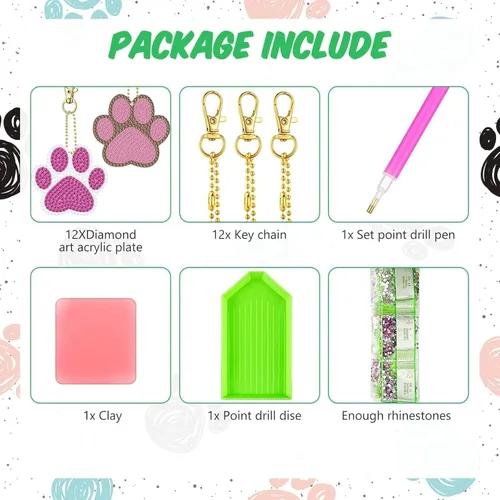 Miniatura 2 de Kit de 12 llaveros de diamante en forma de pata de perro - llaveros de diamante de pata de mascota DIY para principiantes y niños, suministros