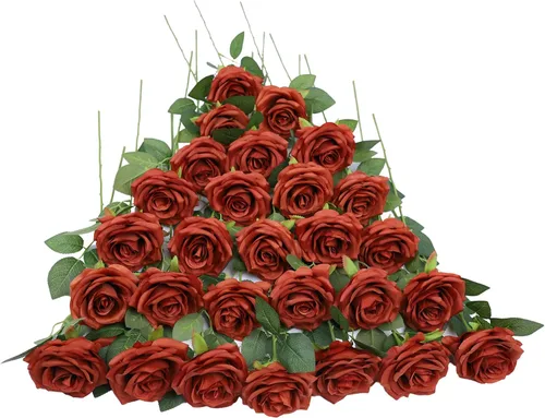 Miniatura 47 de LVEFIT 12 rosas artificiales de seda de color naranja quemado, ramo de rosas de seda de tallo largo para bodas, despedidas de soltera, fiestas