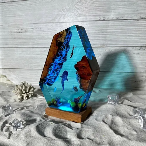 Miniatura 7 de Lámpara de Luz de Madera con Resina Epoxi Creativa del Océano, Lámpara de Océano Acuático Multicolor Hecha a Mano para Entusiastas del Buceo