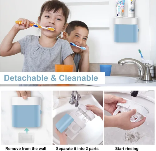 Miniatura 4 de Soporte para cepillos de dientes, dispensador de pasta de dientes montado en la pared con tapa, 4 ranuras, organizador de almacenamiento de cepillos