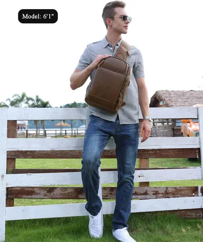Miniatura 2 de Bolso de cuero genuino de grano completo vintage para hombres, mini tamaño mediano pequeño, con puerto de carga USB, Medium-camello, Mochilas Sling