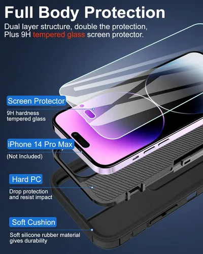 Miniatura 3 de Funda para iPhone 14 Pro Max, con protector de pantalla de vidrio templado, carcasa resistente a prueba de golpes con cubierta de puerto de carga