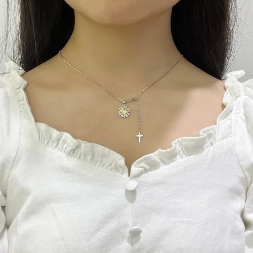 Miniatura 4 de Collar con colgante de flor de margarita de plata de ley 925 para mujer, cadena de caja de 0.039 in