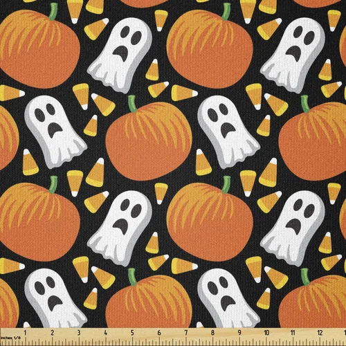 Miniatura 26 de Ambesonne The Yard, tela de calavera colorida con temática de Halloween, diseño de calavera y huesos cruzados, divertido estampado de dibujos