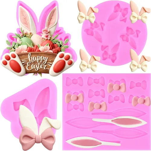 Miniatura 7 de Mujiang Molde para fondant de conejo, orejas de conejo de Pascua, moldes de silicona para decoración de pasteles, juego de 4