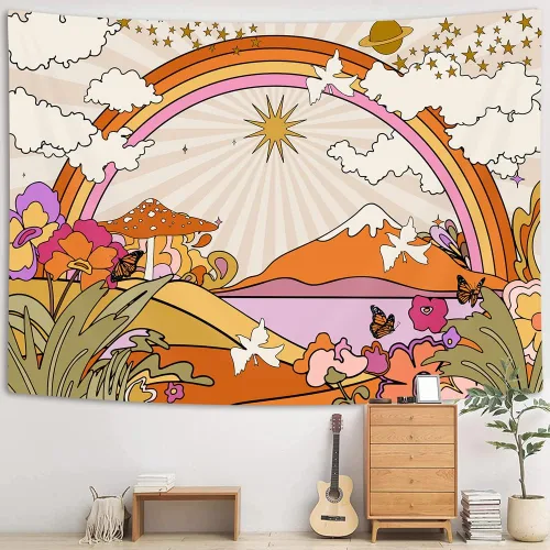 TOMOZ Tapiz vintage de los años 70 y 60, diseño retro de flores, nubes, sol y arco iris, tapiz para colgar en la pared, tapiz psicodélico bohemio