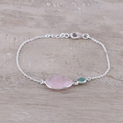 Miniatura 3 de NOVICA Pulsera de cadena de plata de ley 925 de cuarzo rosa, 7.0in, cristal brillante