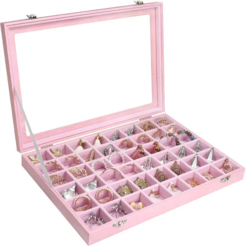 Bandeja organizadora para joyas, caja organizadora de 48 rejillas para joyas, caja organizadora con tapa transparente, anillos, aretes, collares,