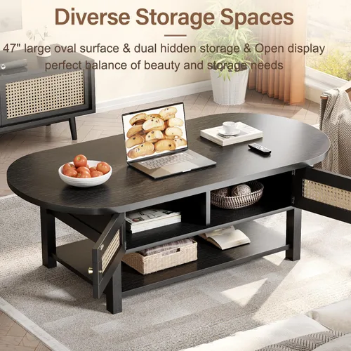 Miniatura 3 de LVB Mesa de centro de ratán, mesa de sala de estar de madera bohemia con almacenamiento, mesa de té de cóctel ovalada moderna de 2 niveles con Roble