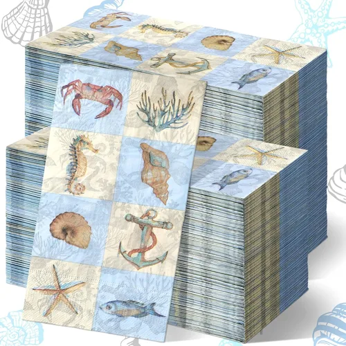 Seajan 200 servilletas náuticas de papel de mar costero, conchas azules, toallas desechables para invitados para baño, decoración de estrellas de