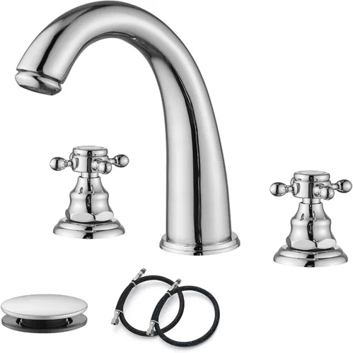 gotonovo Accesorios de grifo de lavabo de baño de 8 pulgadas para fregadero, 3 agujeros, 2 asas cruzadas, montaje en cubierta con drenaje emergente,