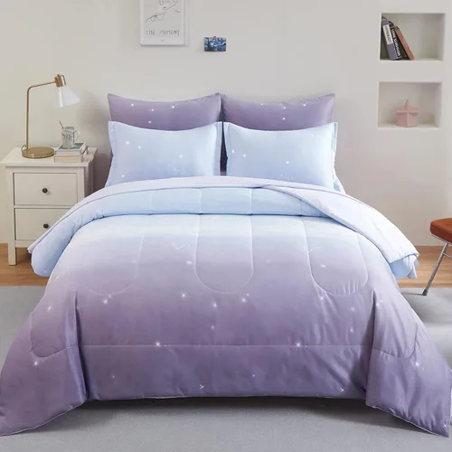 Miniatura 20 de Dinjoy Juego de edredón para niñas, tamaño individual, colorido, azul, rosa, morado, arcoíris, juego de ropa de cama de 6 piezas en una bolsa