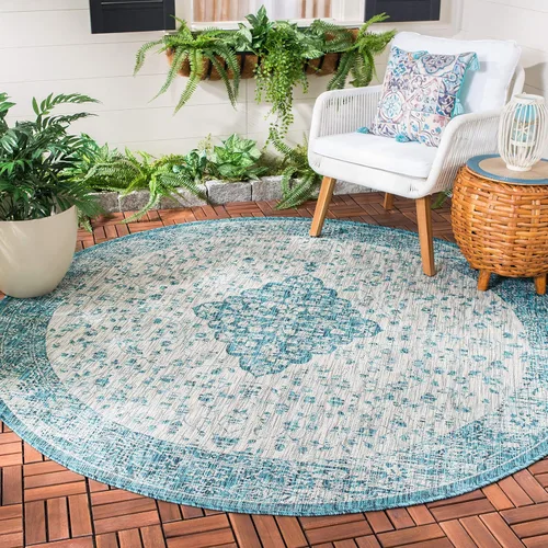Miniatura 27 de SAFAVIEH Alfombra lavable para exteriores, colección Courtyard de 2.3 x 6.7 pies, color verde azulado y crema, no desprende pelusa y es fácil