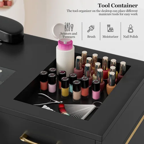 Miniatura 7 de Estación de manicura para uñas para tecnología de uñas, mesa de uñas con colector de polvo eléctrico, 7 cajones y estantes, estación de trabajo